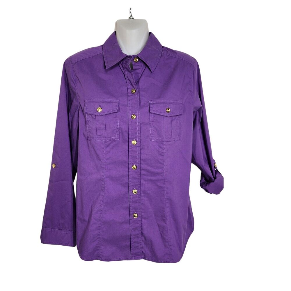 Chicos Womens Top Size 0 Small Button Up Purple Long Roll Tab Sleeve Pockets
